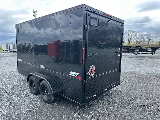 Homesteader-7-x-14-Enclosed-Cargo-Trailer-V-Nose-Ramp-Door-Added-Height-Blackout-Package-OHV-3.webp Homesteader 7 x 14 Enclosed Cargo Trailer – Black Trim OHV - Image 2